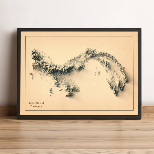 Panama vintage framed shaded relief map in black frame. Artistic print highlighting mountains with a realistic terrain effect