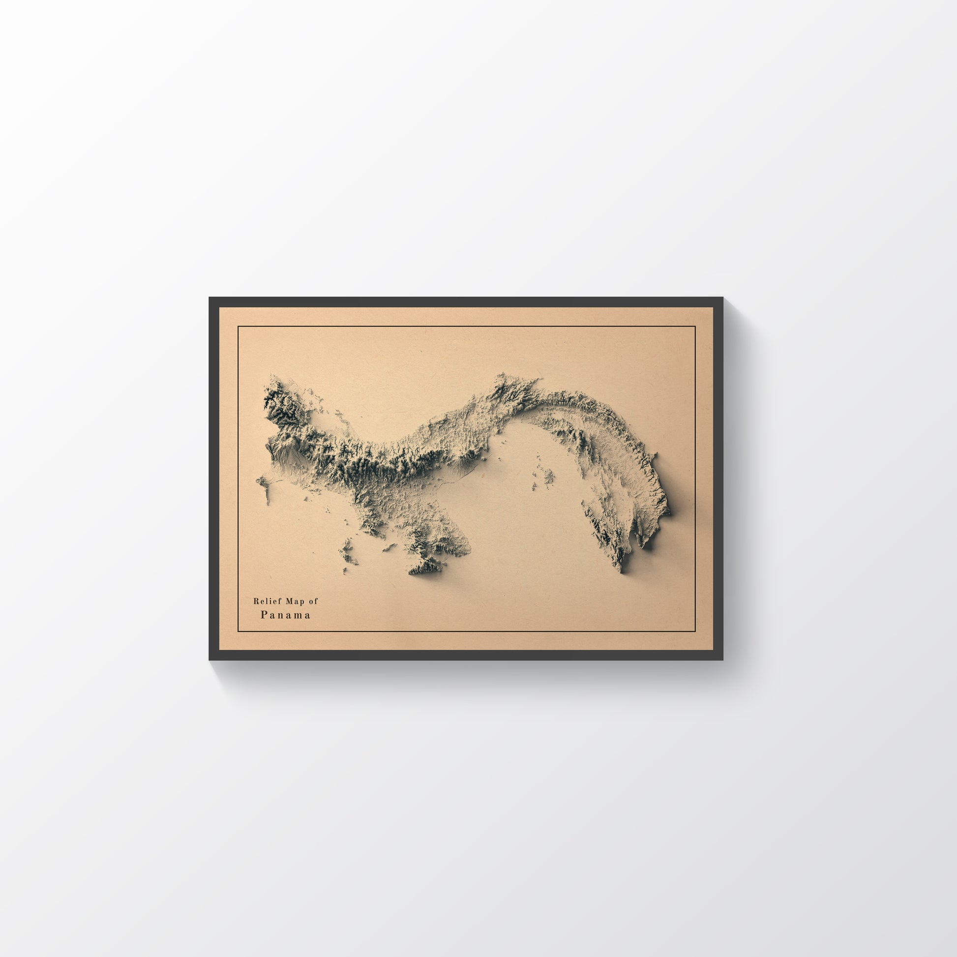 Panama vintage framed shaded relief map in black frame. Artistic print highlighting mountains with a realistic terrain effect