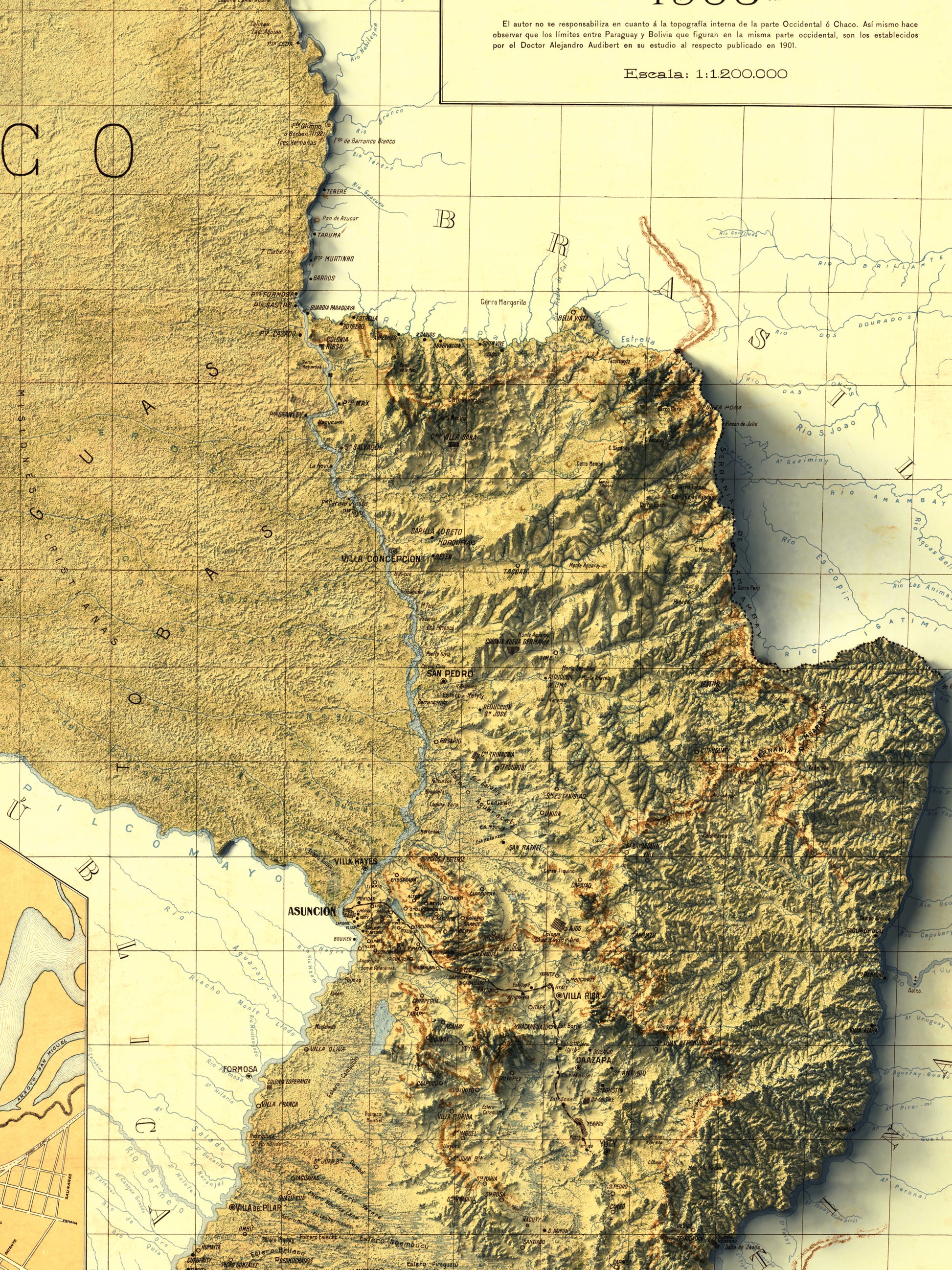 Detailed close-up of a vintage Paraguay relief map, showcasing textured topography and geographic contours