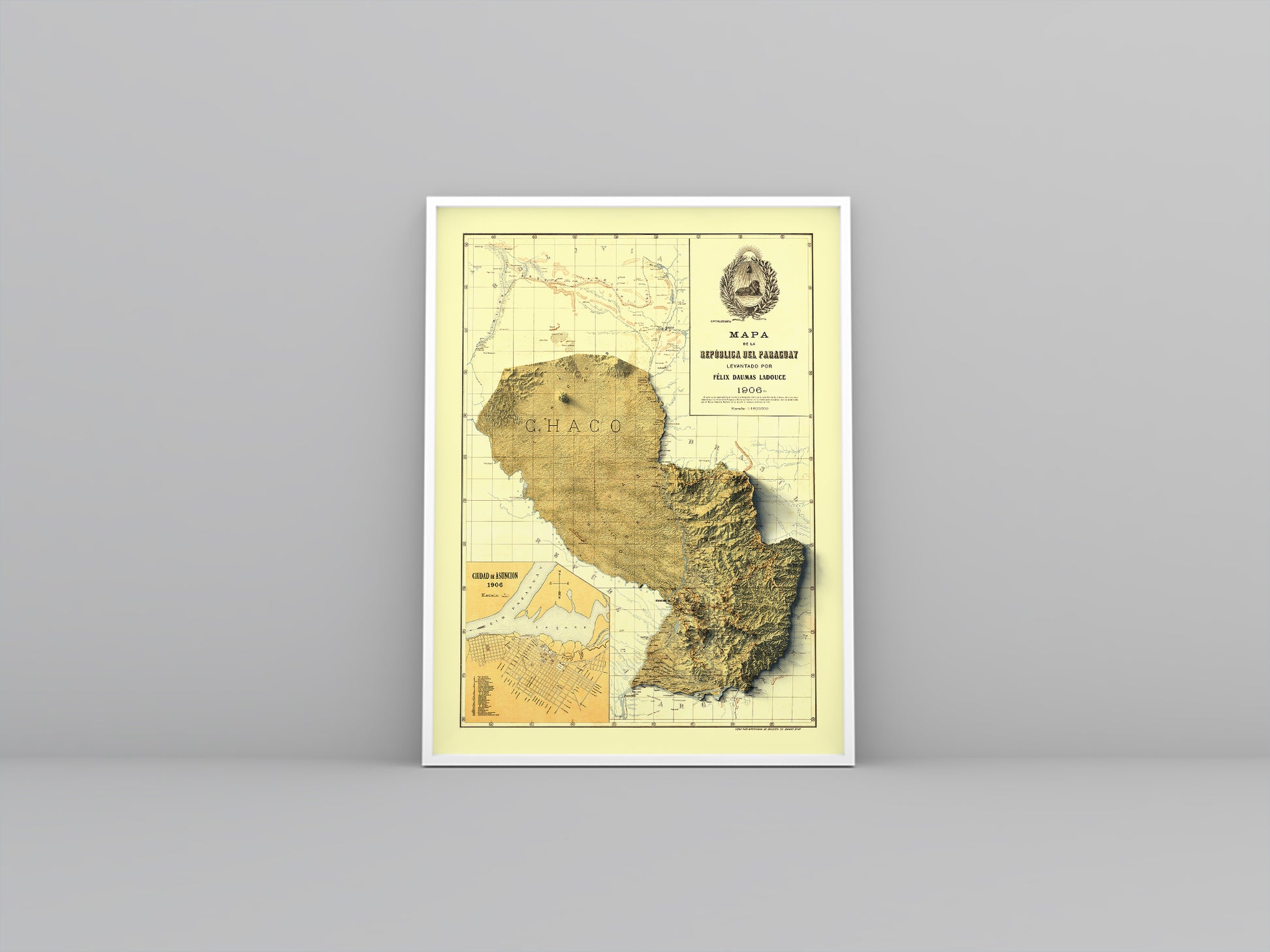 Paraguay vintage framed shaded relief map in white frame. Artistic print highlighting mountains with a realistic 3d effect