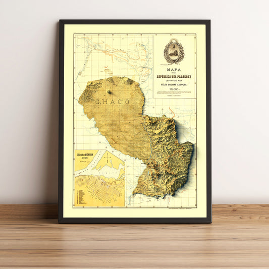 Paraguay vintage framed shaded relief map in black frame. Artistic print highlighting mountains with a realistic terrain effect