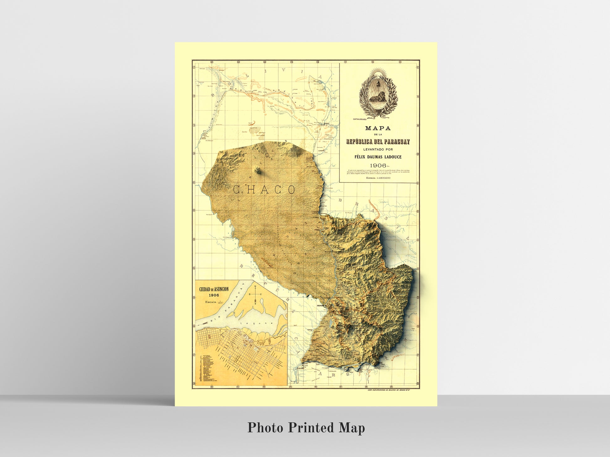 Paraguay Shaded relief map print, highlighting topography. Ideal for home decor and geography lovers