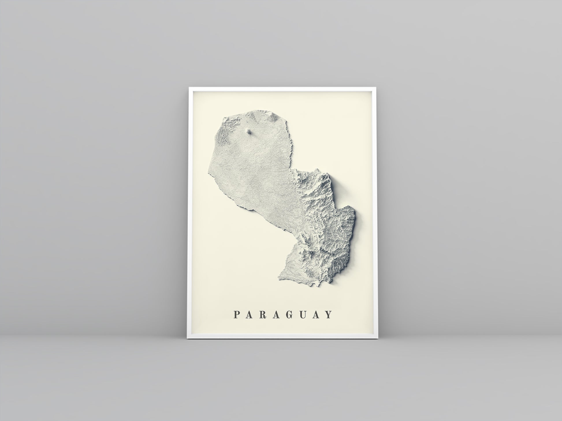 Paraguay framed shaded relief map in white frame. Artistic print highlighting mountains with a realistic 3d effect