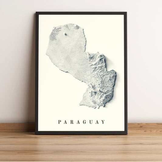 Paraguay framed shaded relief map in black frame. Artistic print highlighting mountains with a realistic terrain effect