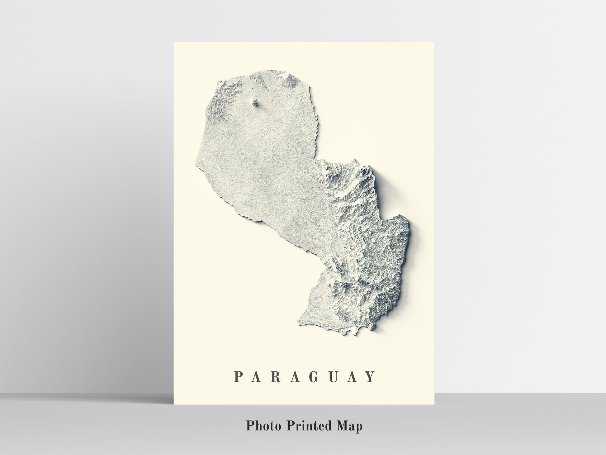 Paraguay Shaded relief map print, highlighting topography. Ideal for home decor and geography lovers