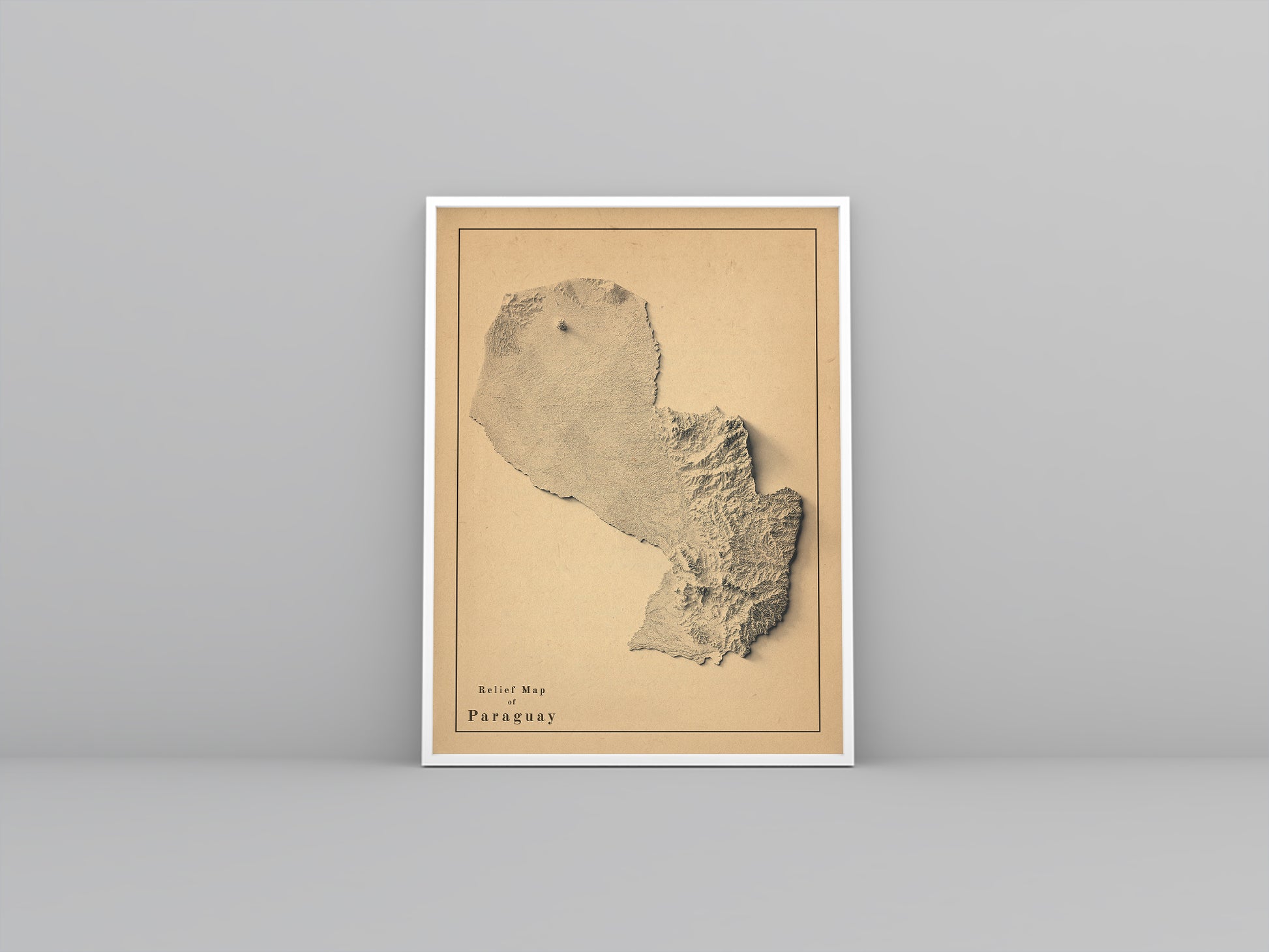 Paraguay vintage framed shaded relief map in white frame. Artistic print highlighting mountains with a realistic 3d effect
