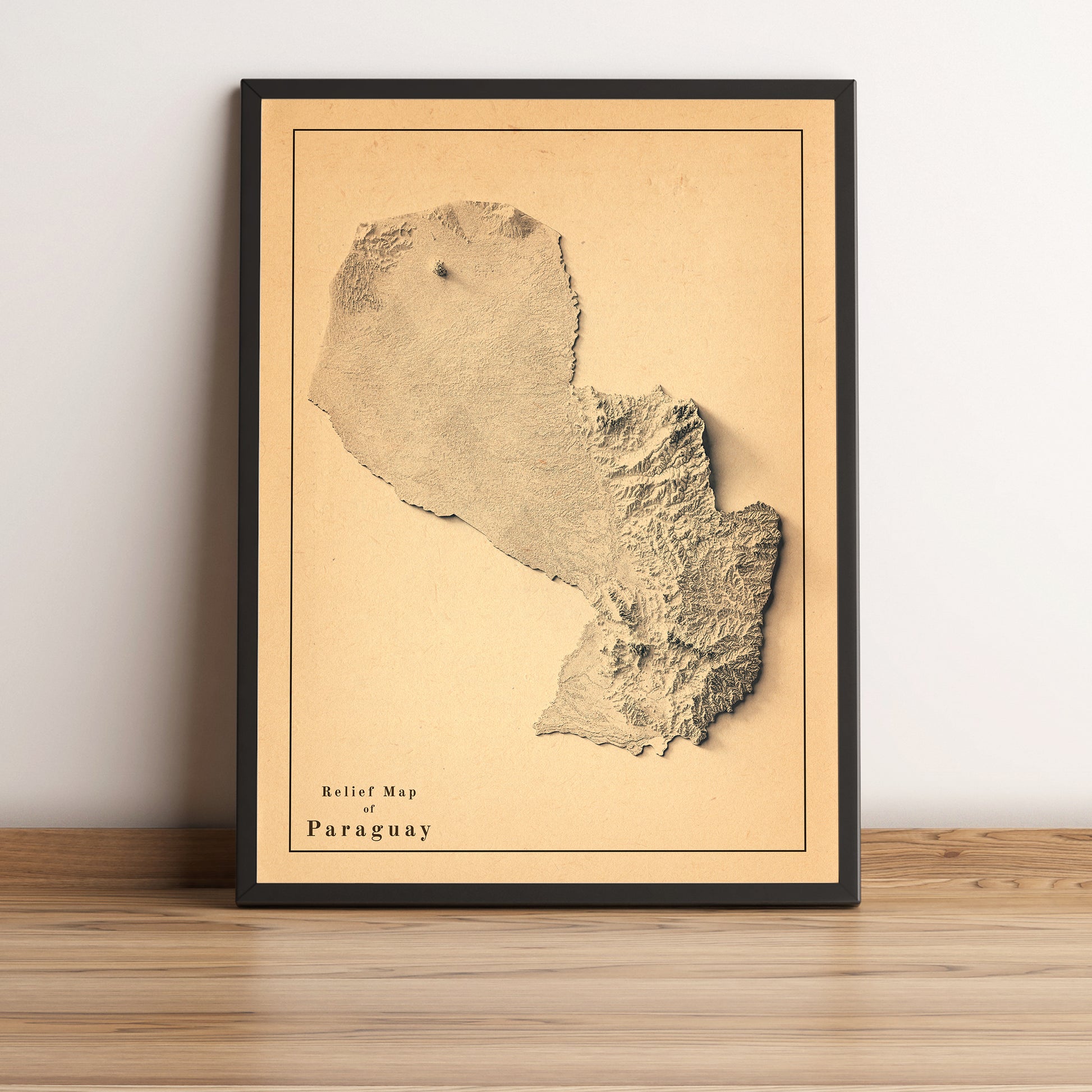 Paraguay vintage framed shaded relief map in black frame. Artistic print highlighting mountains with a realistic terrain effect