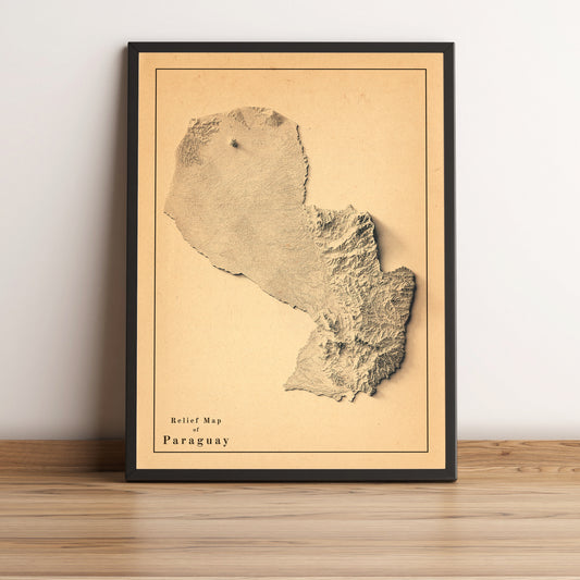 Paraguay vintage framed shaded relief map in black frame. Artistic print highlighting mountains with a realistic terrain effect