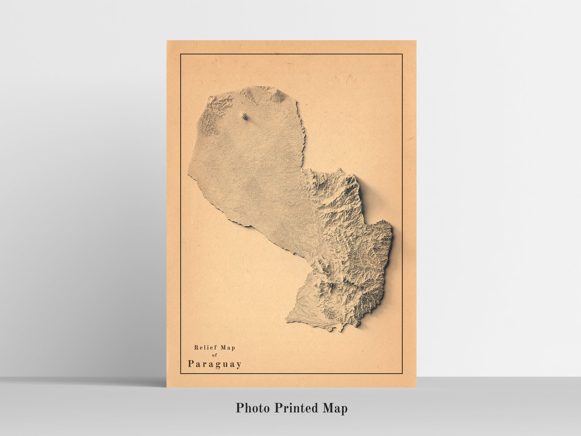 Paraguay Shaded relief map print, highlighting topography. Ideal for home decor and geography lovers