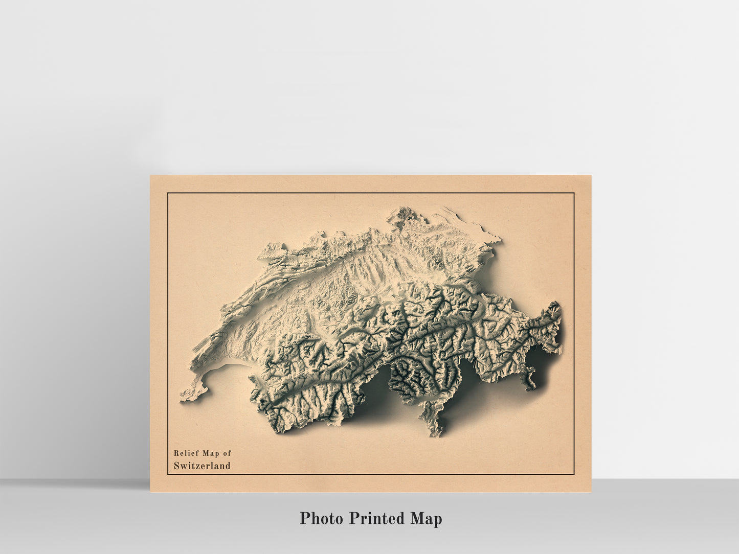 Switzerland Shaded relief map print, highlighting topography. Ideal for home decor and geography lovers