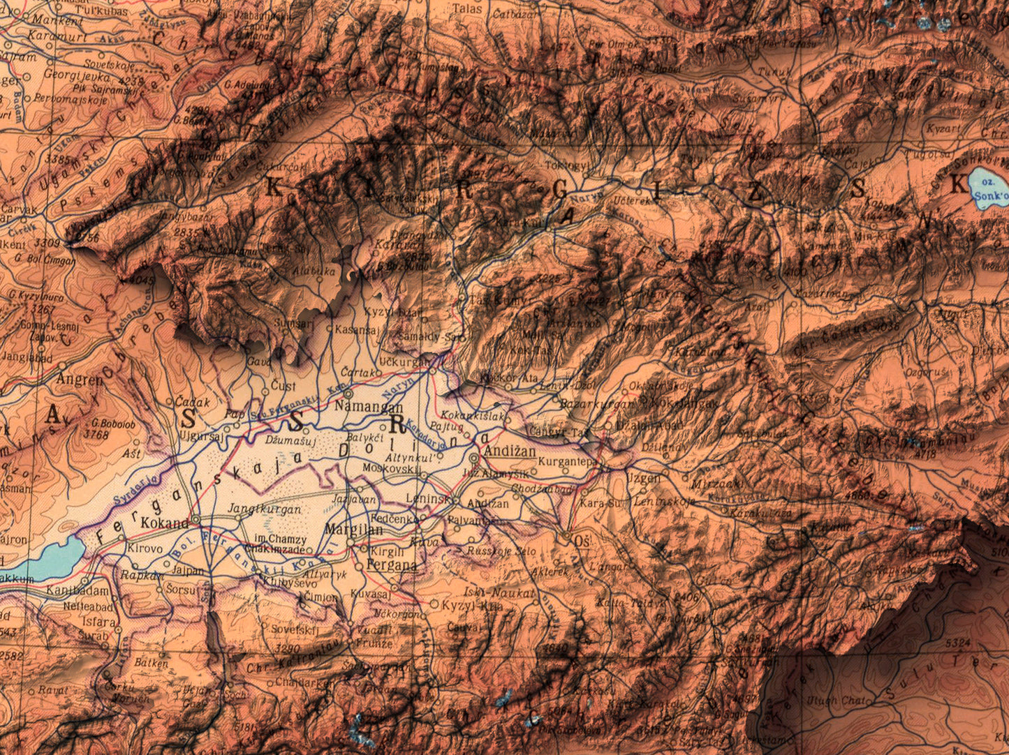Detailed close-up of a vintage Kyrgyzstan relief map, showcasing textured topography and geographic contours