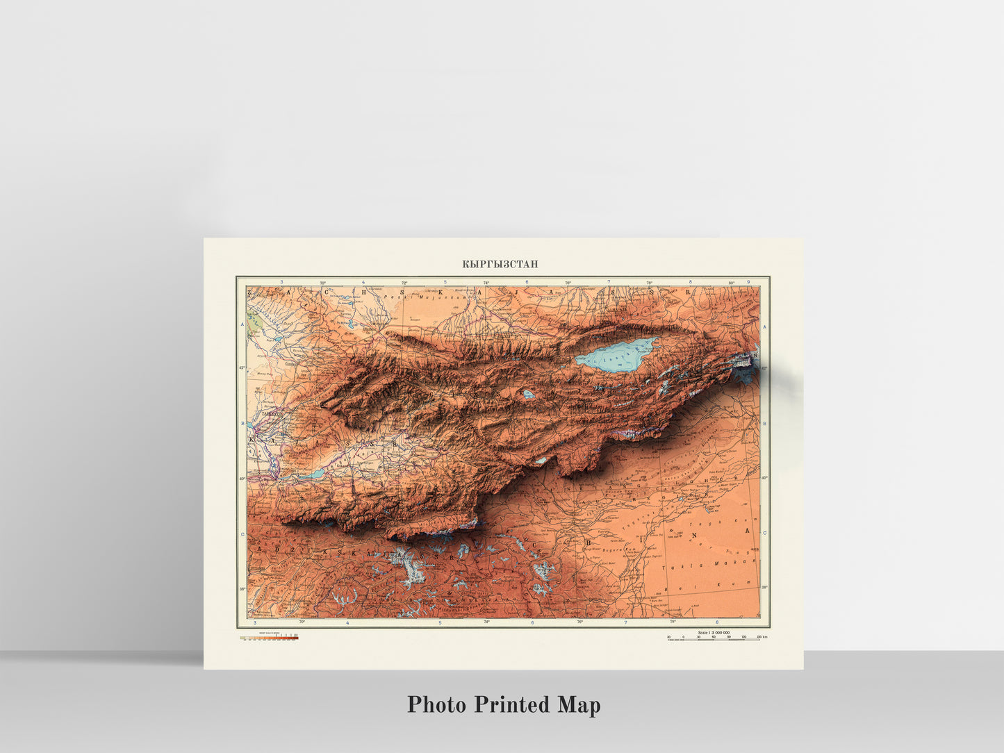 Kyrgyzstan Shaded relief map print, highlighting topography. Ideal for home decor and geography lovers