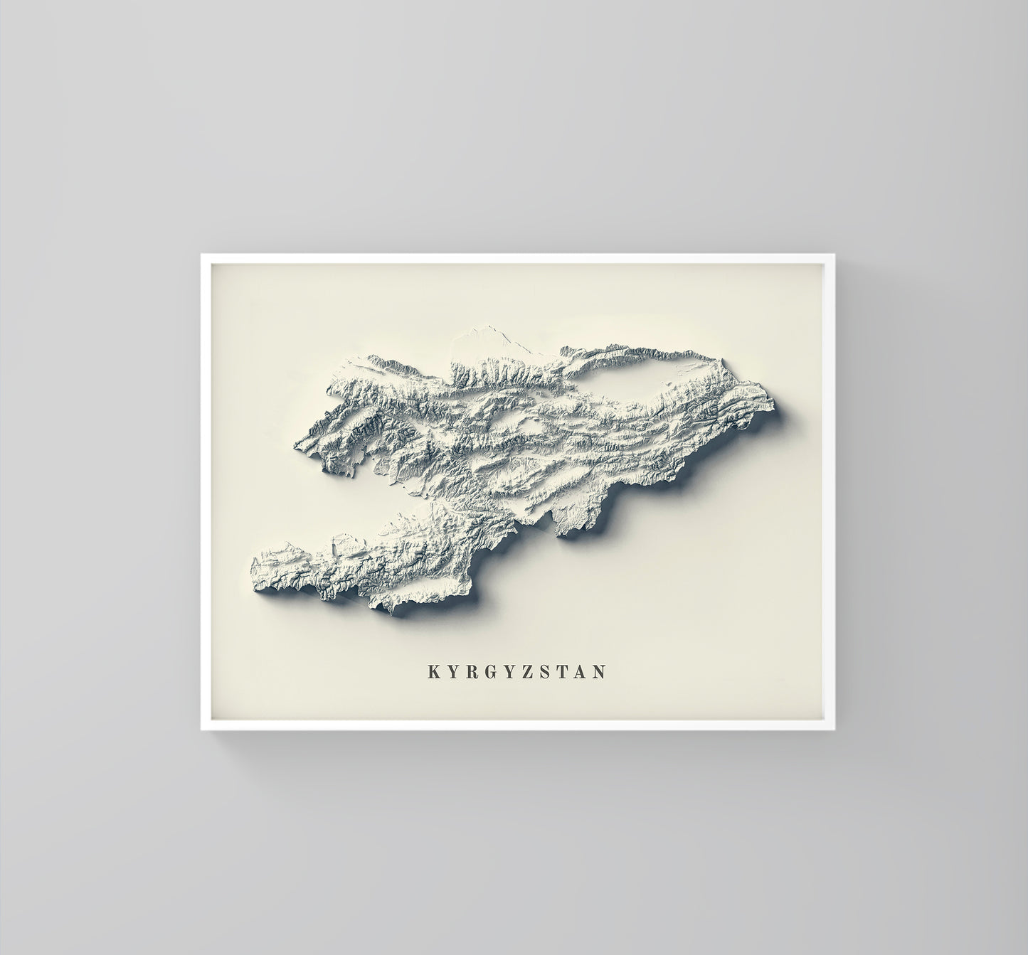 Kyrgyzstan vintage framed shaded relief map in white frame. Artistic print highlighting mountains with a realistic 3d effect