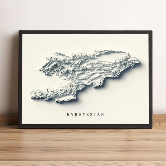 Kyrgyzstan vintage framed shaded relief map in black frame. Artistic print highlighting mountains with a realistic terrain effect