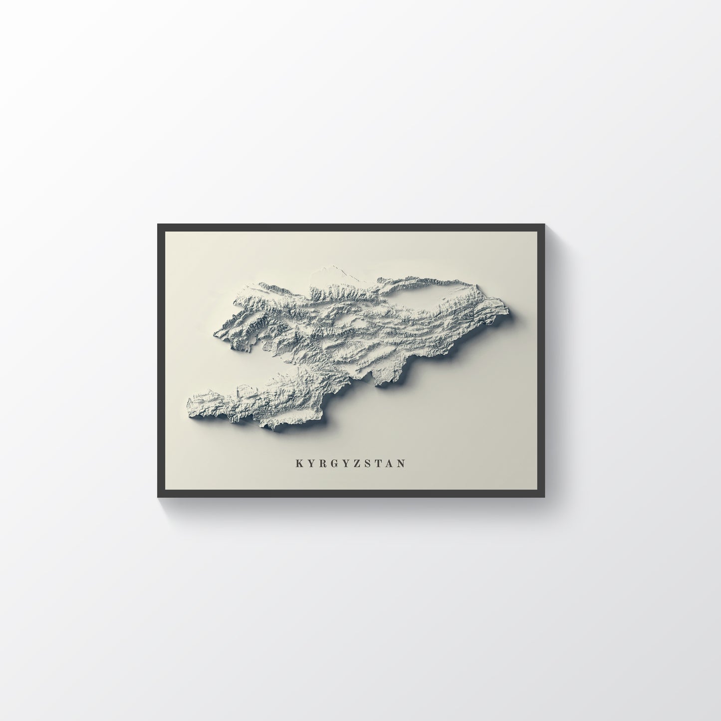 Kyrgyzstan vintage framed shaded relief map in black frame. Artistic print highlighting mountains with a realistic terrain effect