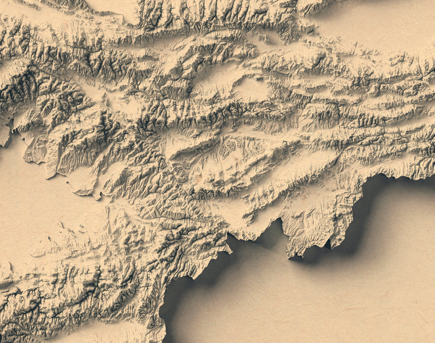 Detailed close-up of a vintage Kyrgyzstan relief map, showcasing textured topography and geographic contours