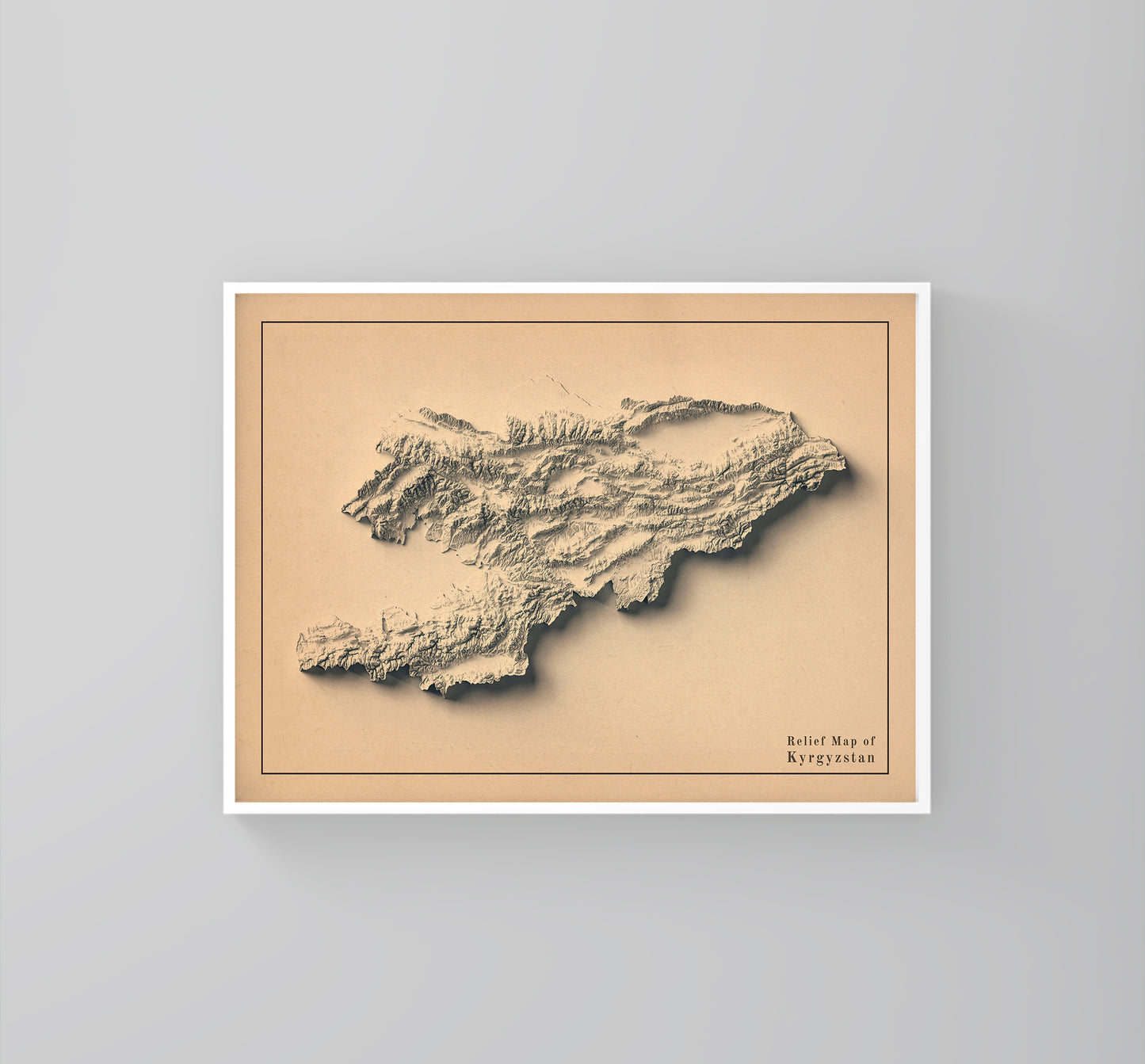Kyrgyzstan vintage framed shaded relief map in white frame. Artistic print highlighting mountains with a realistic 3d effect