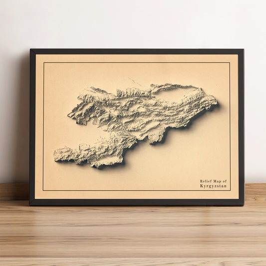 Kyrgyzstan vintage framed shaded relief map in black frame. Artistic print highlighting mountains with a realistic terrain effect
