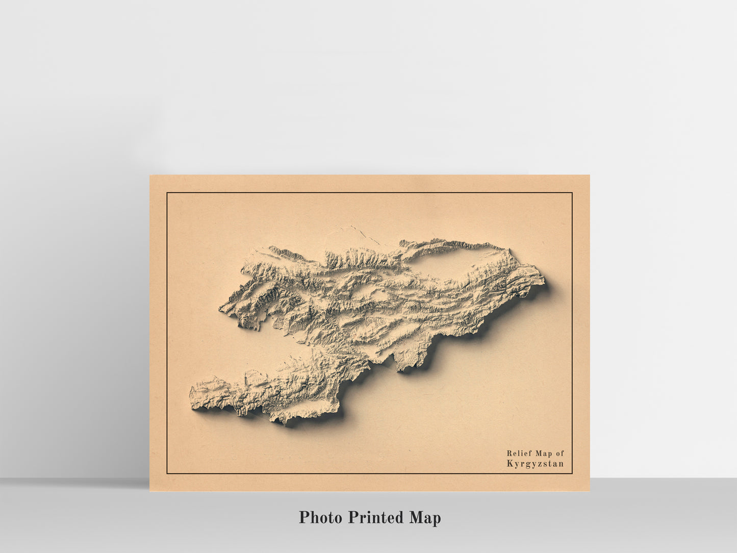 Kyrgyzstan Shaded relief map print, highlighting topography. Ideal for home decor and geography lovers