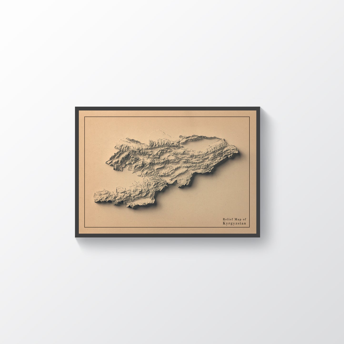 Kyrgyzstan vintage framed shaded relief map in black frame. Artistic print highlighting mountains with a realistic terrain effect