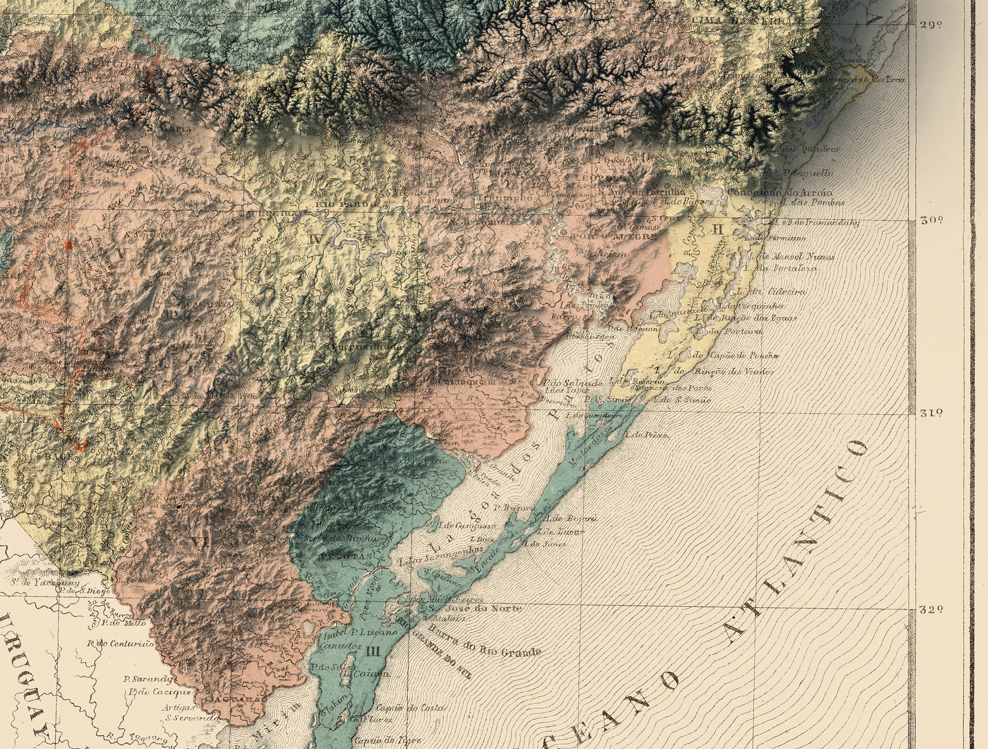Detailed close-up of a vintage Rio Grande do Sul (Brazil) relief map, showcasing textured topography and geographic contours