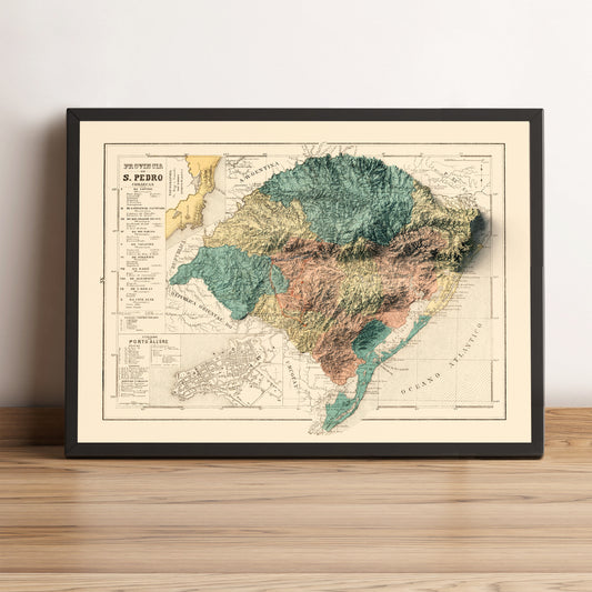 Rio Grande do Sul (Brazil) framed shaded relief map in black frame. Artistic print highlighting mountains with a realistic terrain effect