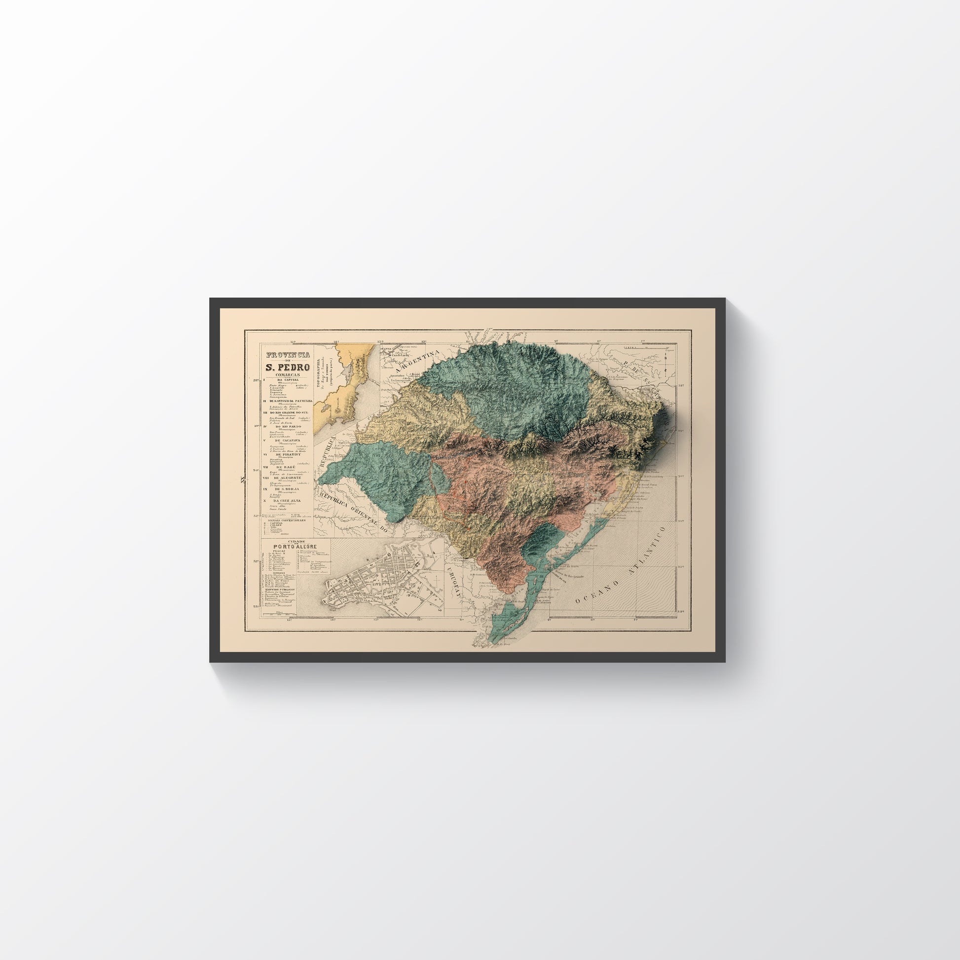 Rio Grande do Sul (Brazil) framed shaded relief map in black frame. Artistic print highlighting mountains with a realistic terrain effect