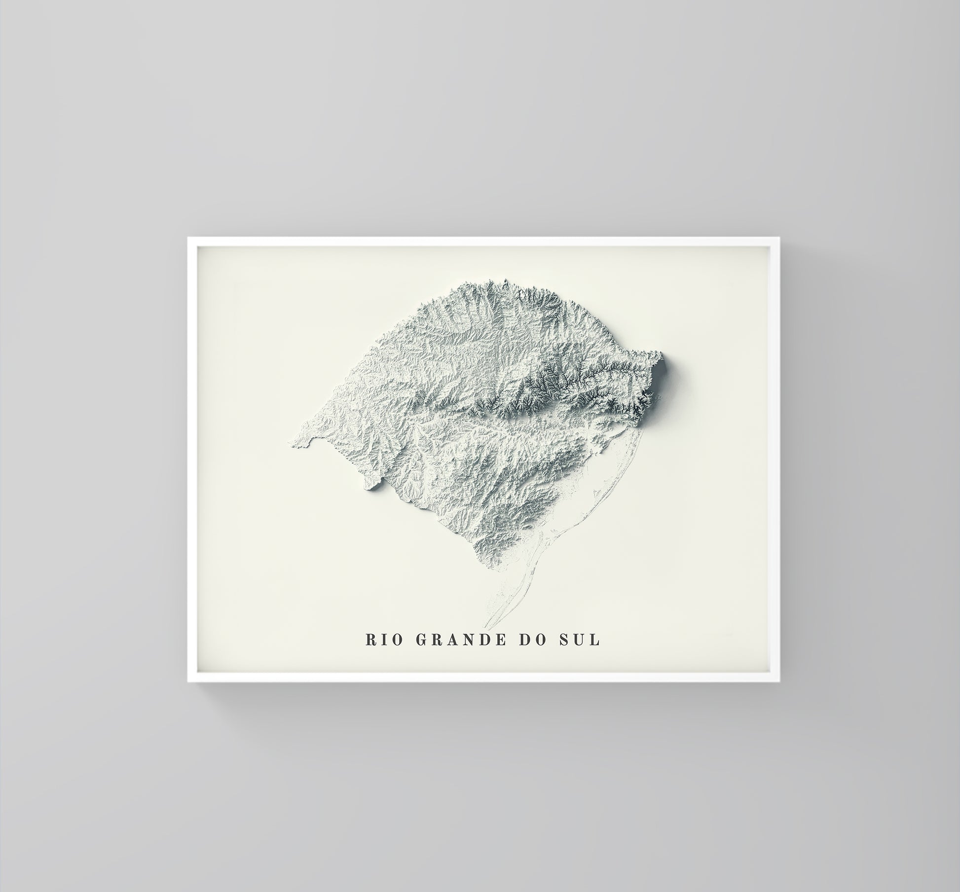 Rio Grande do Sul (Brazil) framed shaded relief map in white frame. Artistic print highlighting mountains with a realistic 3d effect
