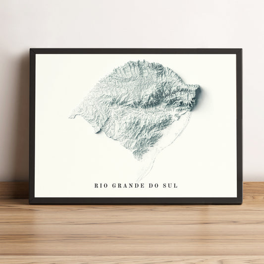 Rio Grande do Sul (Brazil) framed shaded relief map in black frame. Artistic print highlighting mountains with a realistic terrain effect
