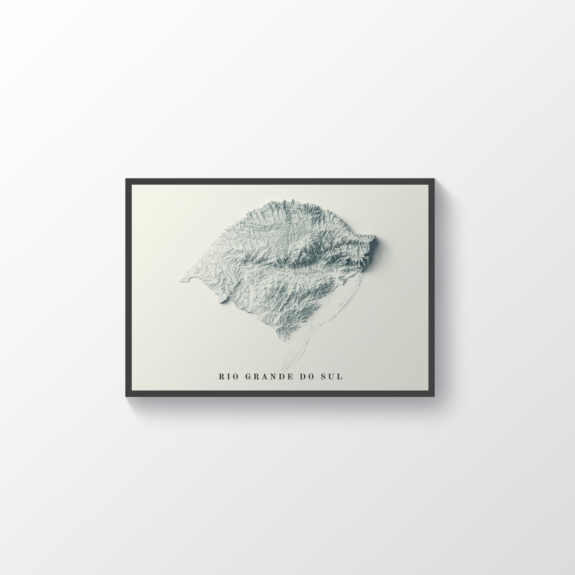 Rio Grande do Sul (Brazil) framed shaded relief map in black frame. Artistic print highlighting mountains with a realistic terrain effect