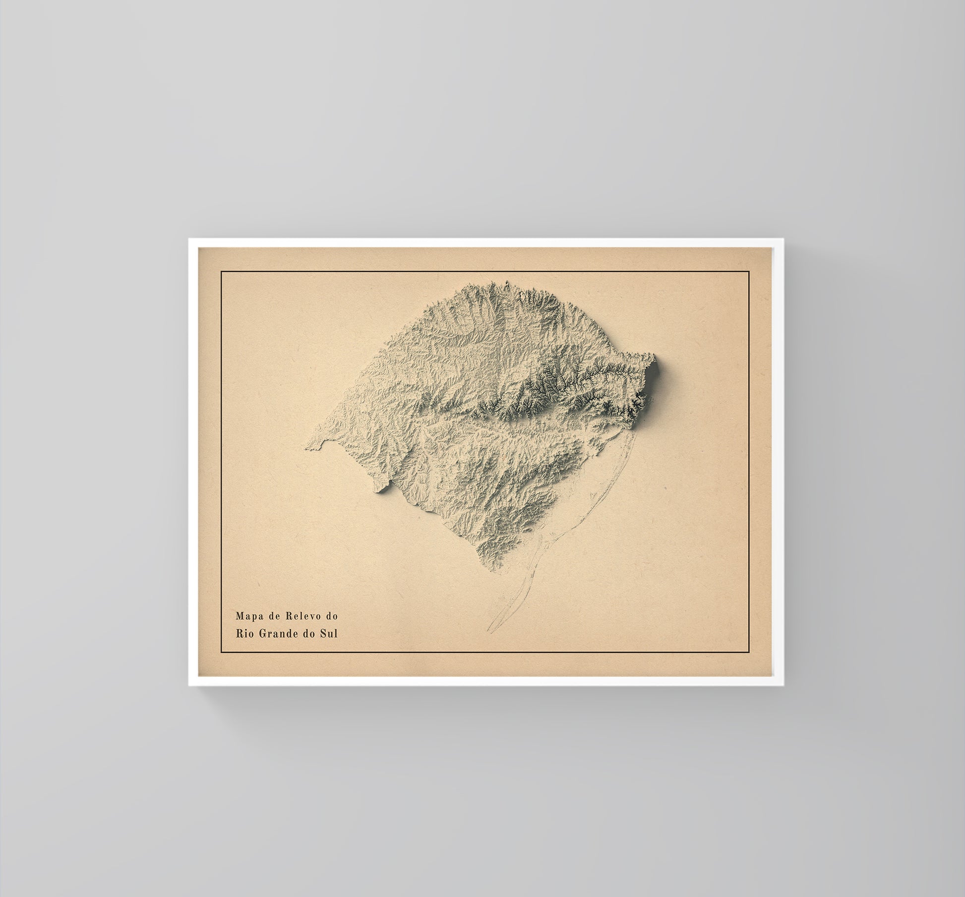 Rio Grande do Sul (Brazil) vintage framed shaded relief map in white frame. Artistic print highlighting mountains with a realistic 3d effect