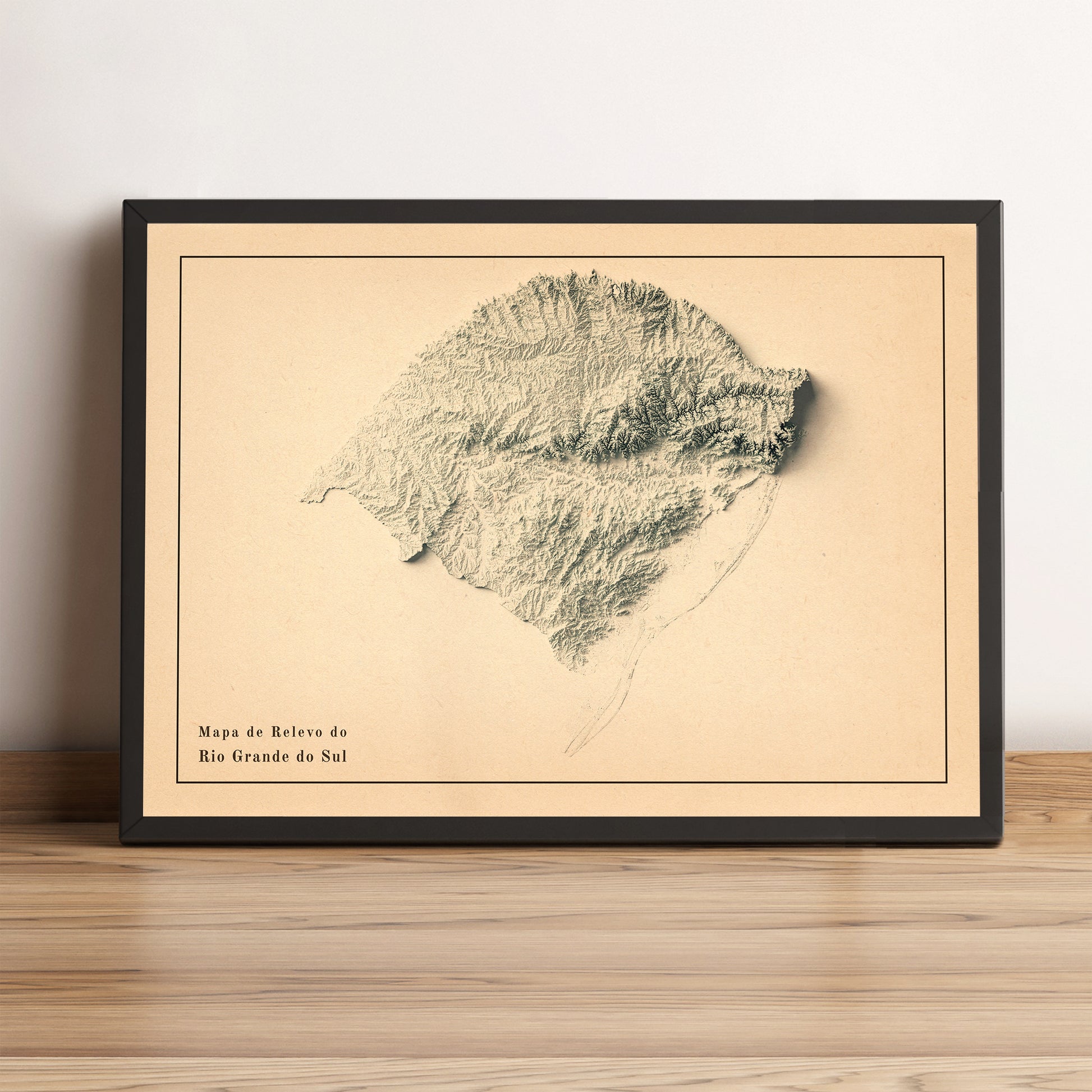 Rio Grande do Sul (Brazil) framed shaded relief map in black frame. Artistic print highlighting mountains with a realistic terrain effect