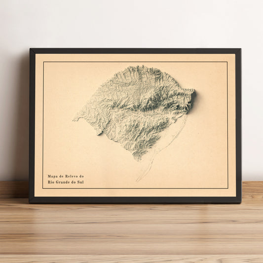 Rio Grande do Sul (Brazil) framed shaded relief map in black frame. Artistic print highlighting mountains with a realistic terrain effect