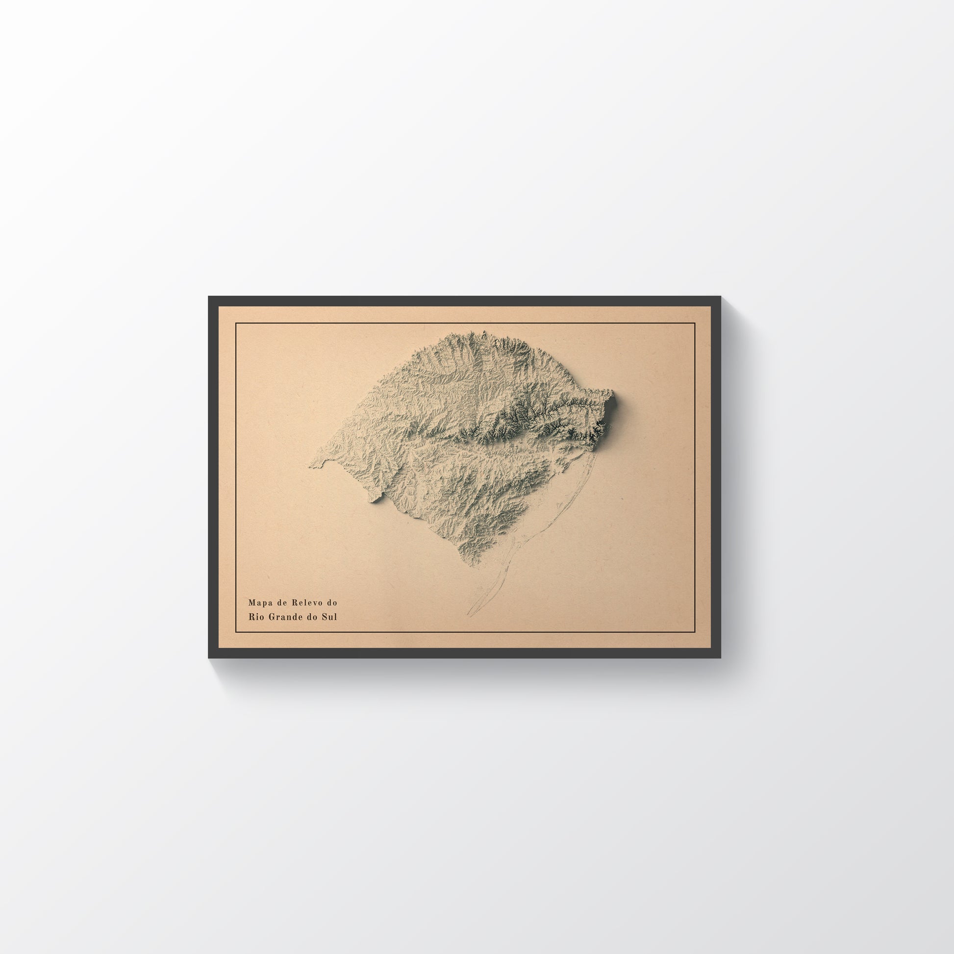 Rio Grande do Sul (Brazil) framed shaded relief map in black frame. Artistic print highlighting mountains with a realistic terrain effect