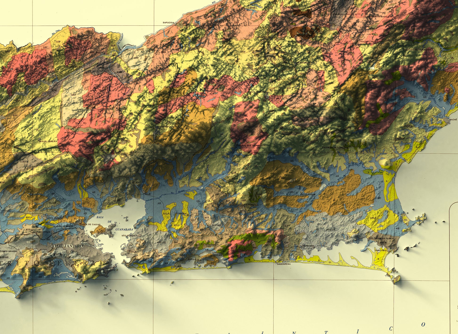 Detailed close-up of a vintage Rio de Janeiro (Brazil) relief map, showcasing textured topography and geographic contours