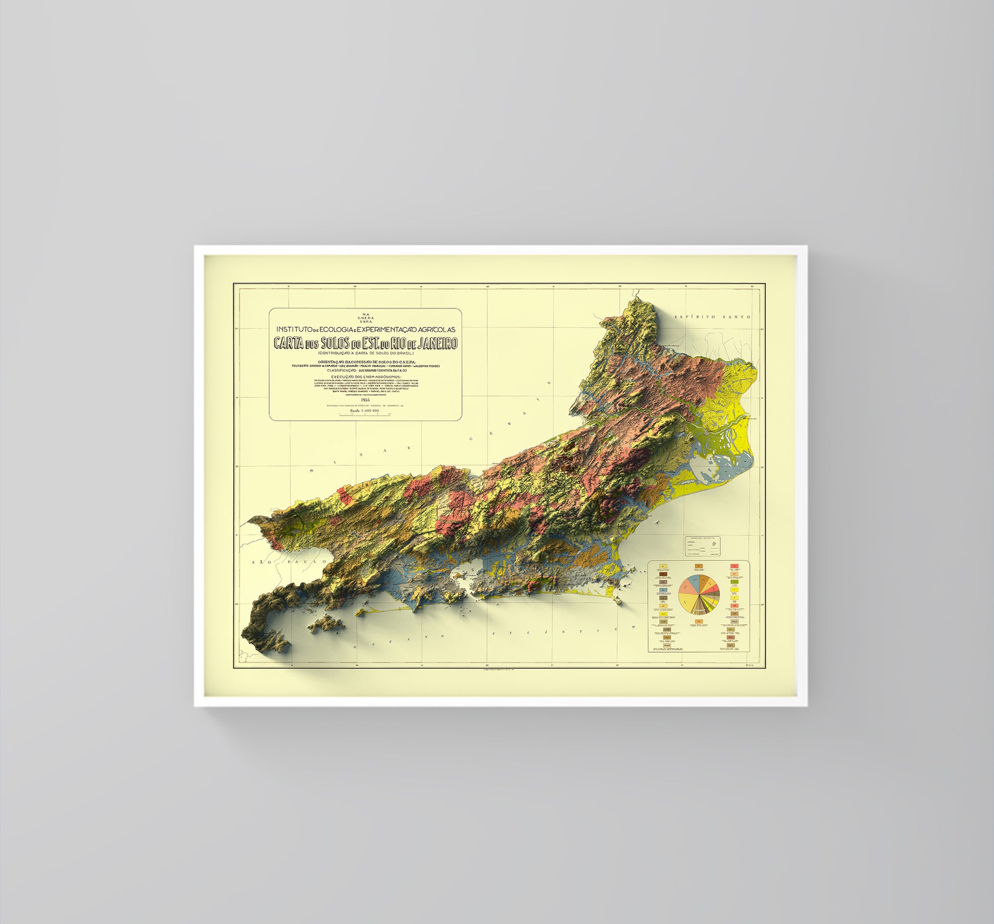Rio de Janeiro (Brazil) vintage framed shaded relief map in white frame. Artistic print highlighting mountains with a realistic 3d effect