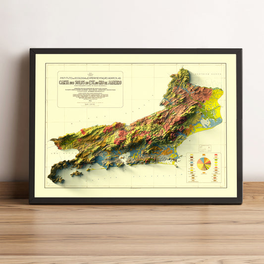 Rio de Janeiro (Brazil) vintage framed shaded relief map in black frame. Artistic print highlighting mountains with a realistic terrain effect