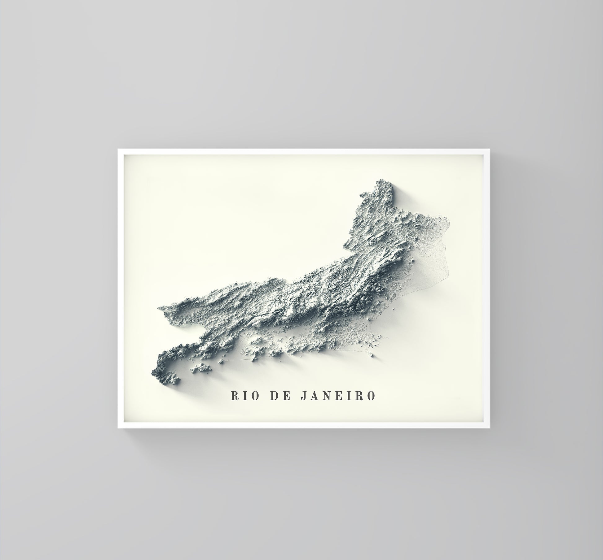 Rio de Janeiro (Brazil) framed shaded relief map in white frame. Artistic print highlighting mountains with a realistic 3d effect
