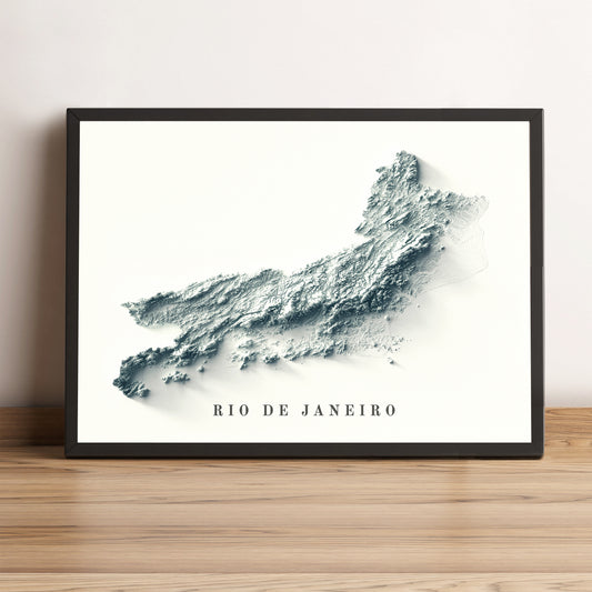 Rio de Janeiro (Brazil) framed shaded relief map in black frame. Artistic print highlighting mountains with a realistic terrain effect