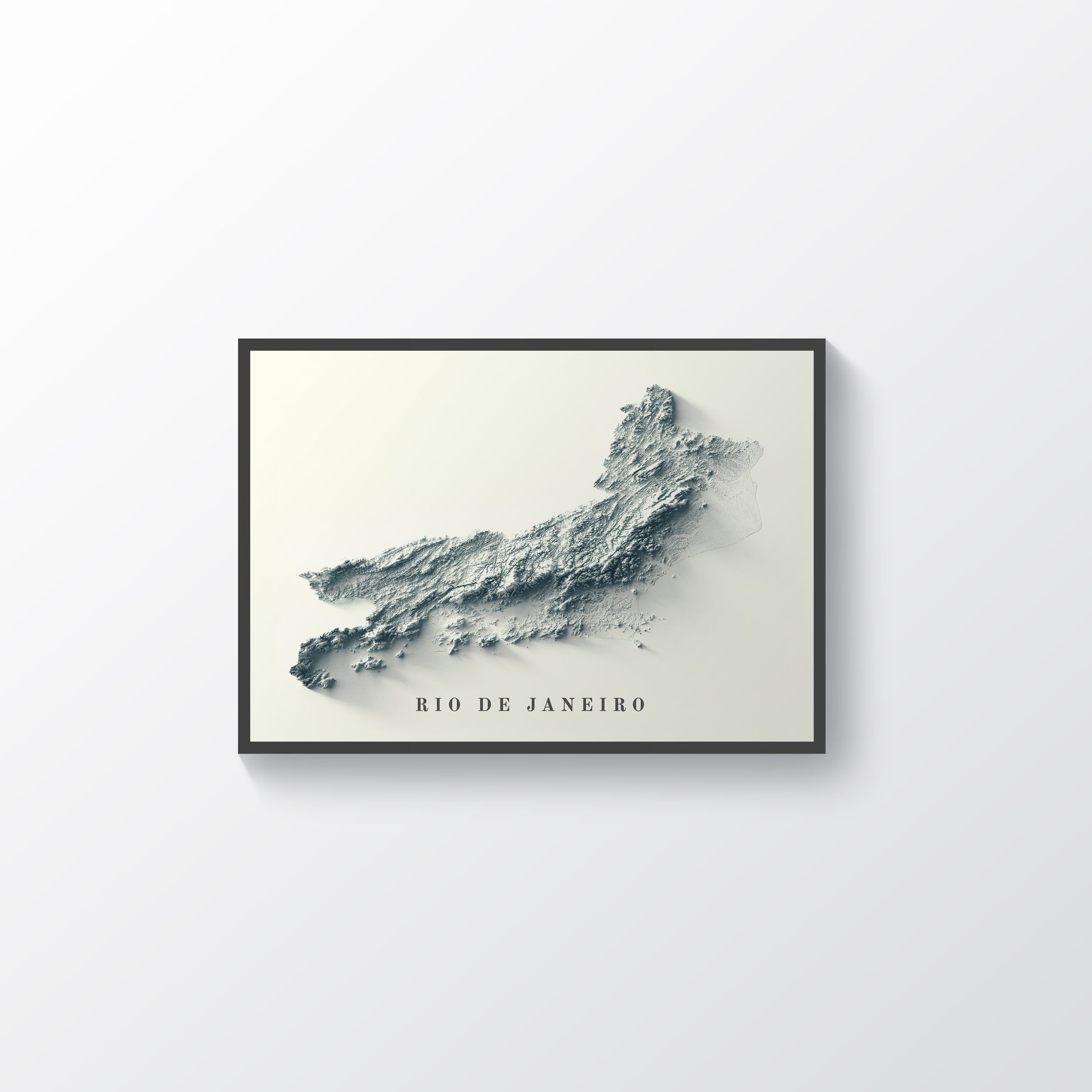 Rio de Janeiro (Brazil) vintage framed shaded relief map in black frame. Artistic print highlighting mountains with a realistic terrain effect