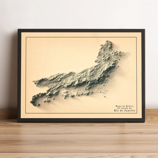 Rio de Janeiro (Brazil) vintage framed shaded relief map in black frame. Artistic print highlighting mountains with a realistic terrain effect