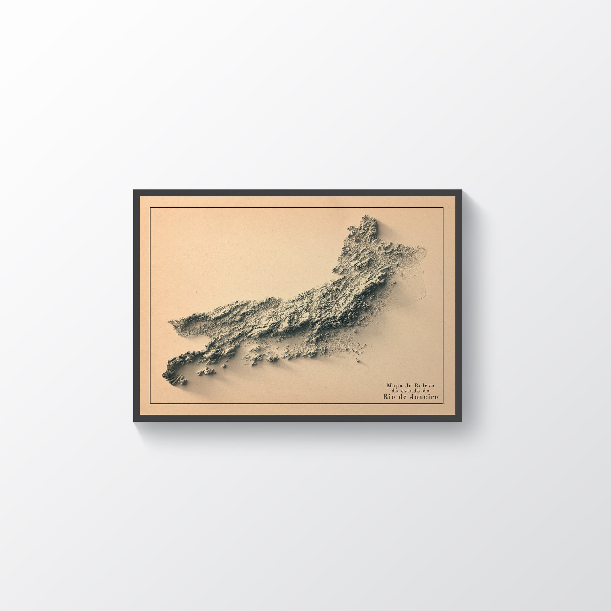 Rio de Janeiro (Brazil) vintage framed shaded relief map in black frame. Artistic print highlighting mountains with a realistic terrain effect