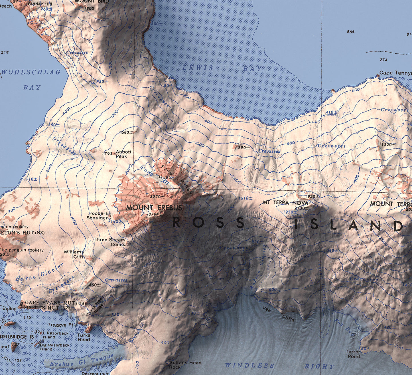 Detailed close-up of a vintage Ross Island (Antarctica) relief map, showcasing textured topography and geographic contours