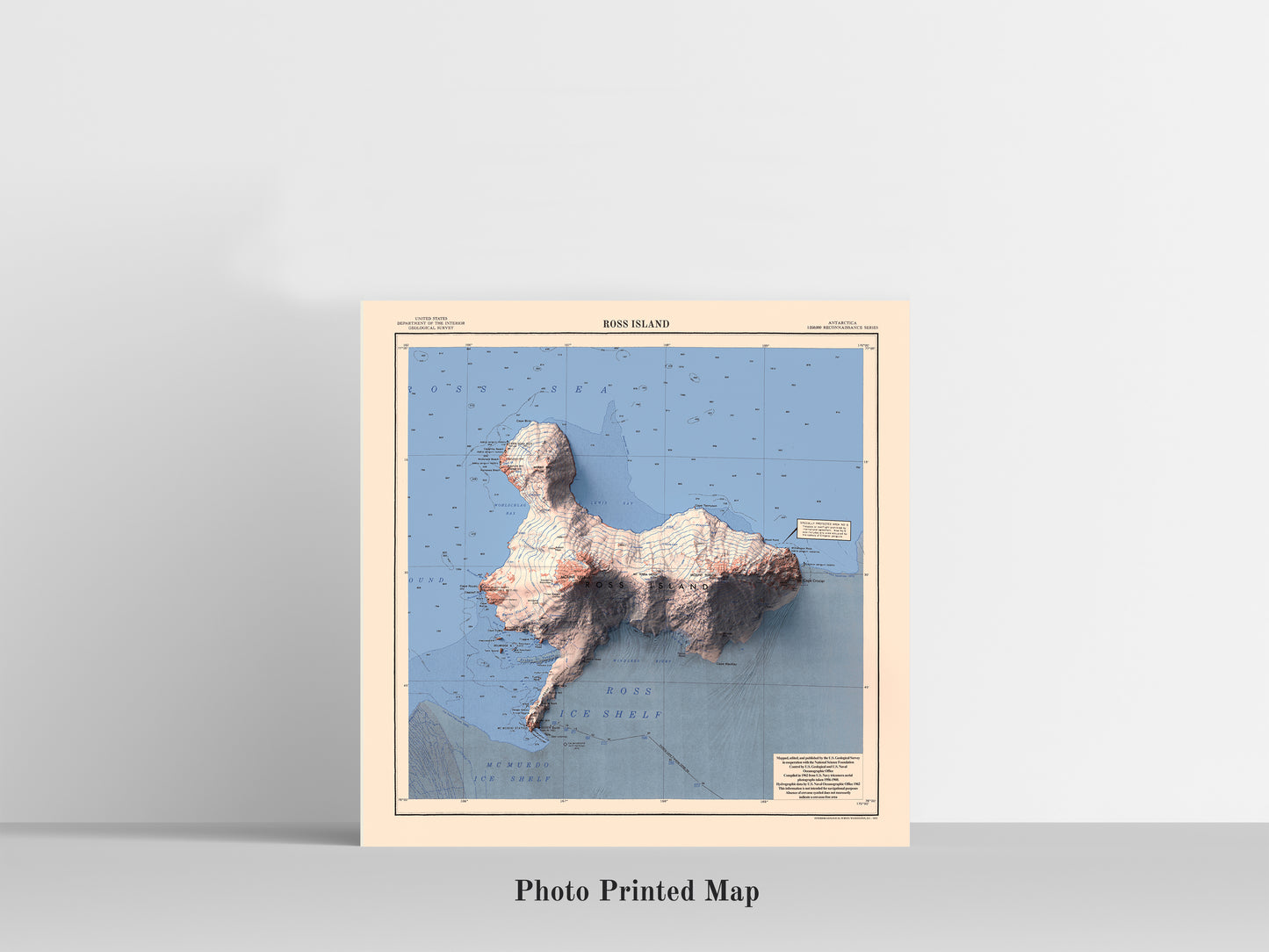 Ross Island (Antarctica) Shaded relief map print, highlighting topography. Ideal for home decor and geography lovers