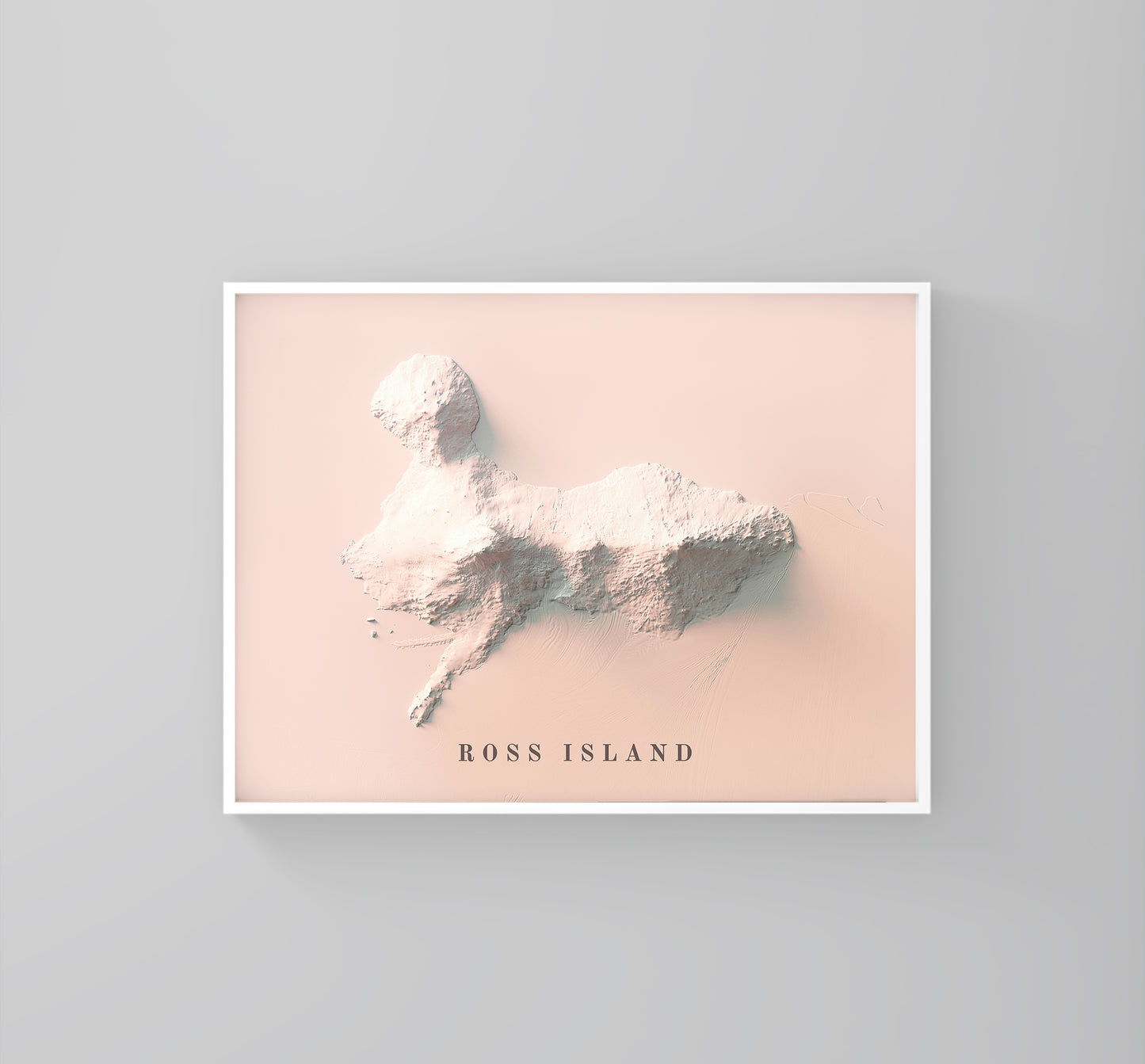 Ross Island (Antarctica) framed shaded relief map in white frame. Artistic print highlighting mountains with a realistic 3d effect