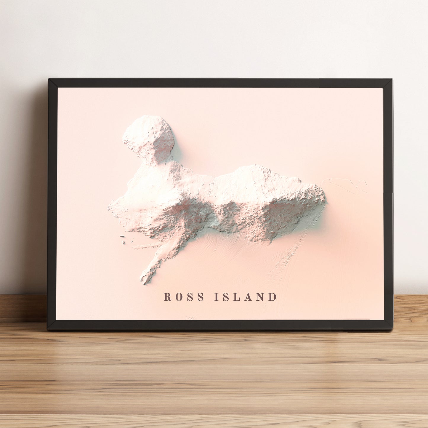 Ross Island (Antarctica) framed shaded relief map in black frame. Artistic print highlighting mountains with a realistic terrain effect
