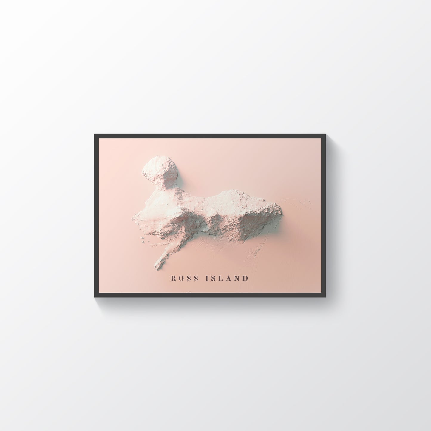Ross Island (Antarctica) framed shaded relief map in black frame. Artistic print highlighting mountains with a realistic terrain effect