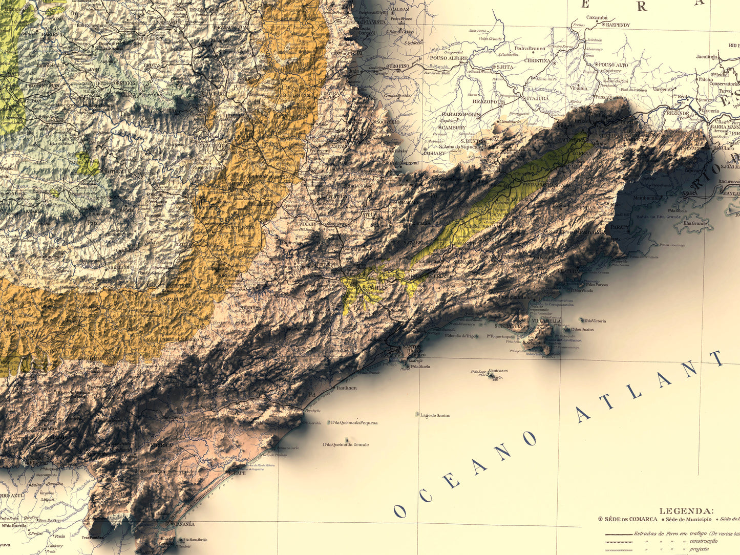 Detailed close-up of a vintage Sao Paulo (Brazil) relief map, showcasing textured topography and geographic contours