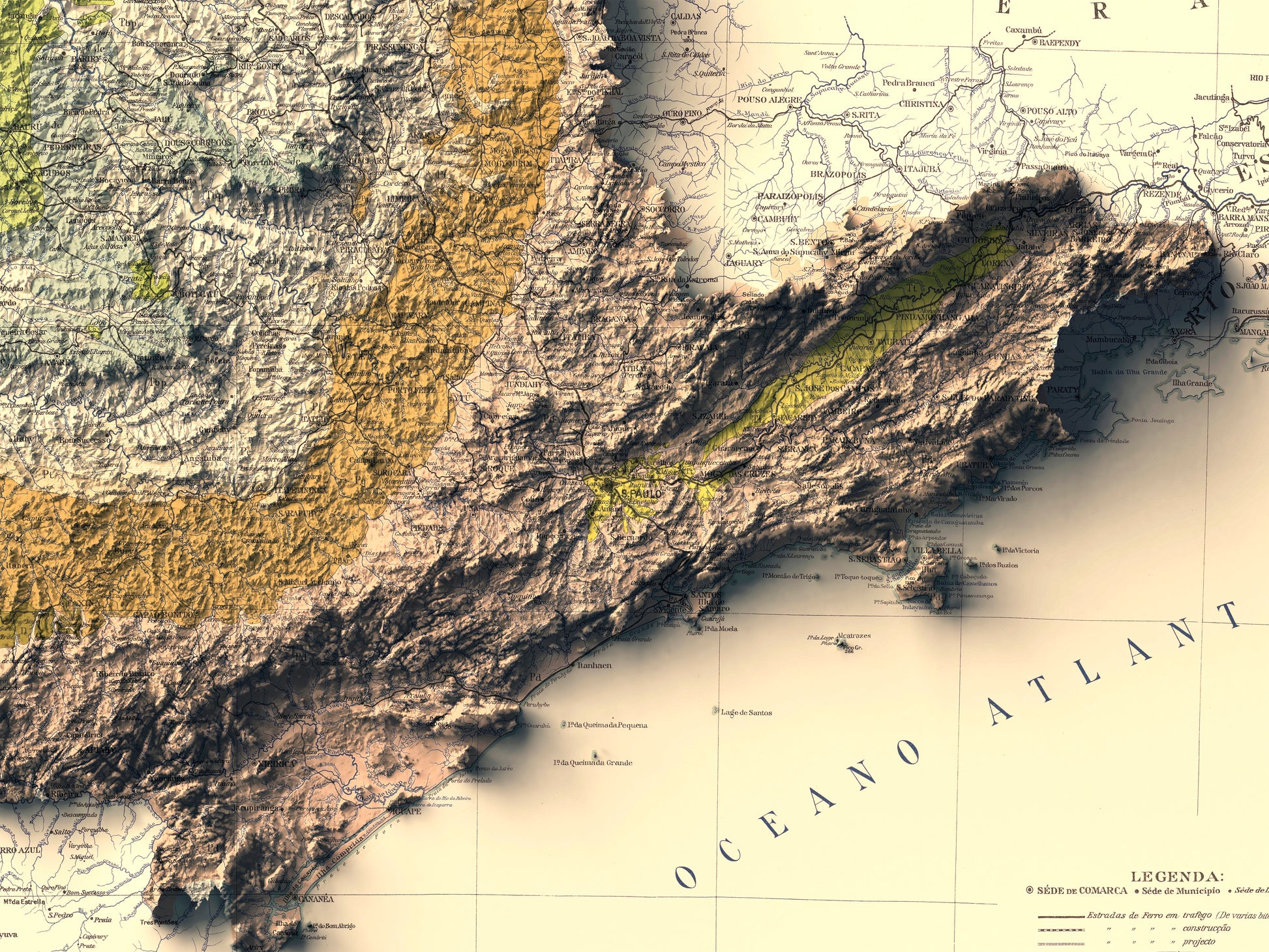 Detailed close-up of a vintage Sao Paulo (Brazil) relief map, showcasing textured topography and geographic contours