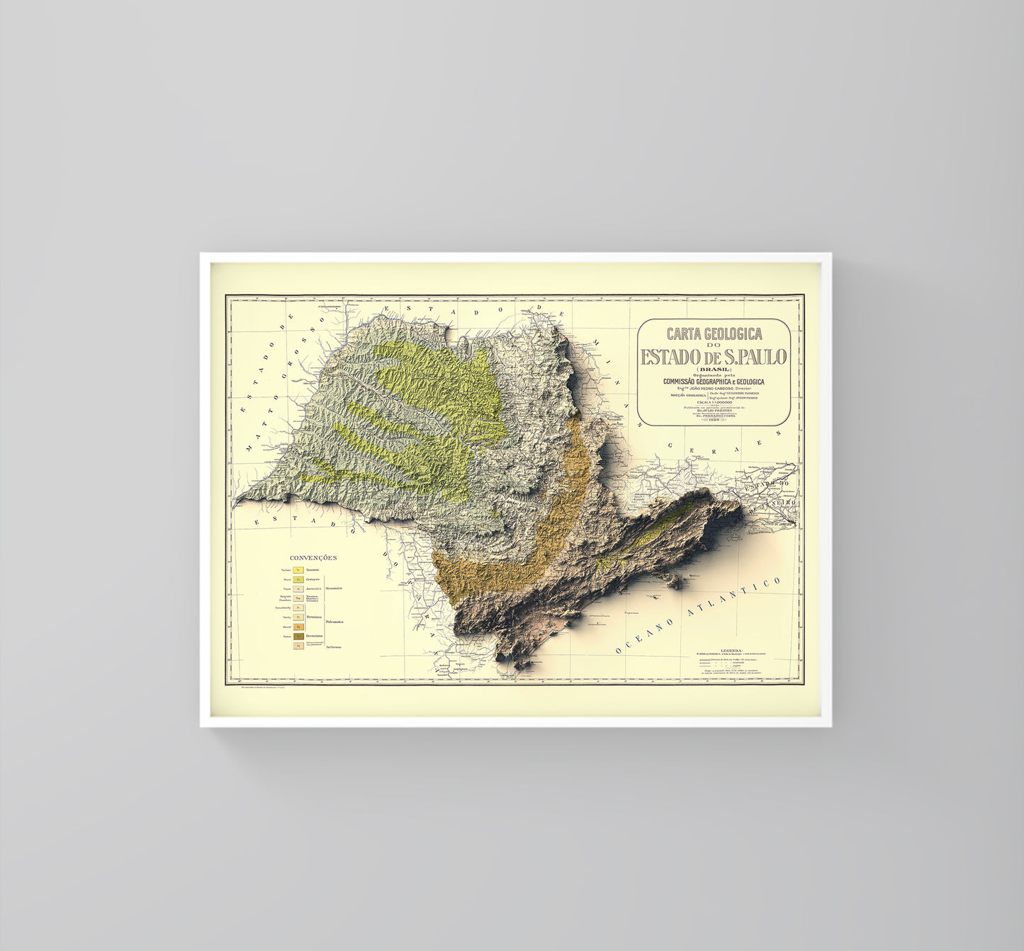 Sao Paulo (Brazil) vintage framed shaded relief map in white frame. Artistic print highlighting mountains with a realistic 3d effect